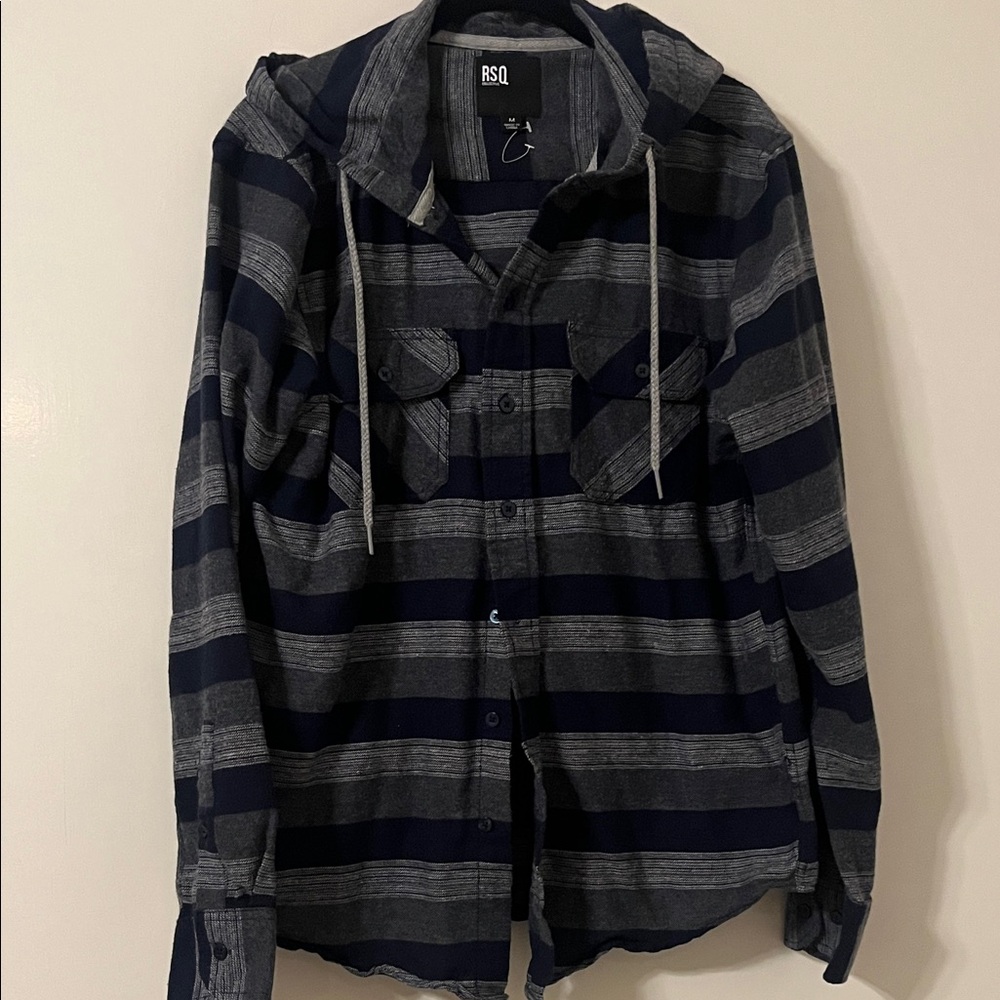 RSQ Hooded Button-Up Shirt — Navy & Gray Stripe